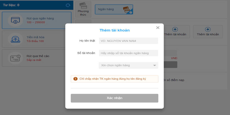 Người chơi phải thêm tên tài khoản ngân hàng chuẩn xác